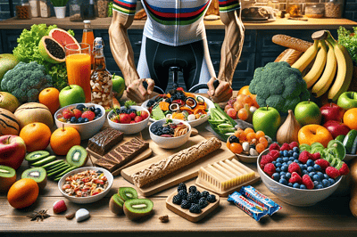 DALL·E 2024 01 06 20.31.01 Una representacion visual de la dieta de un ciclista profesional. La imagen muestra una mesa llena de alimentos saludables y energeticos ideales para