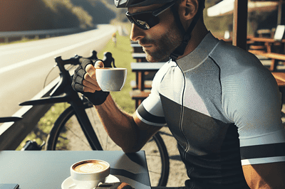 DALL·E 2024 01 07 09.50.31 Una imagen de un ciclista tomando un cafe. El ciclista vestido con ropa de ciclismo y casco esta sentado en una mesa al aire libre en una cafeteria